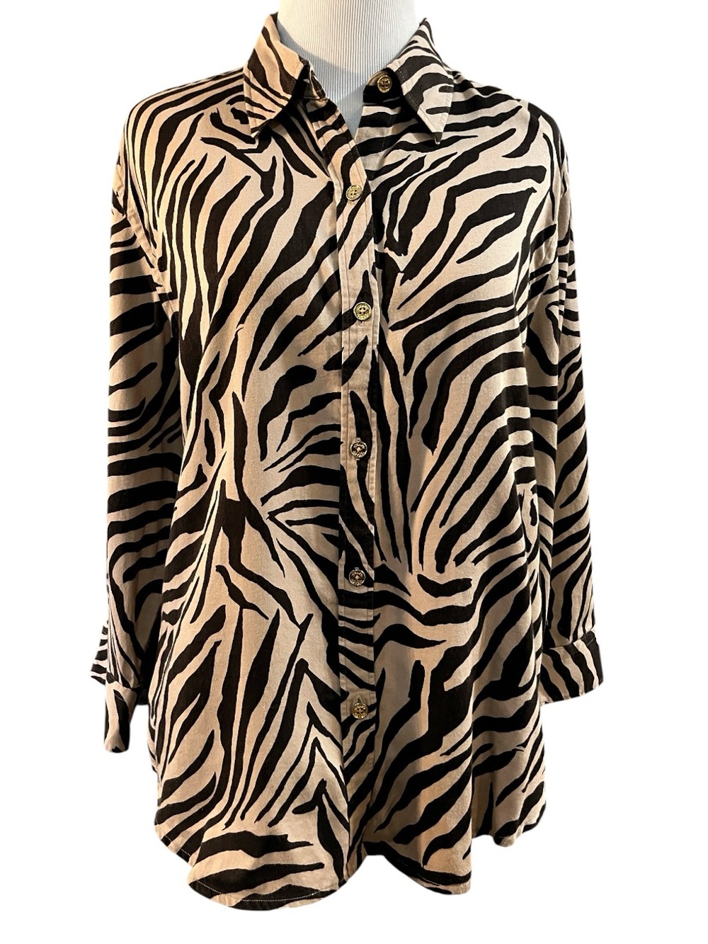 CHAPS THREE QUARTER SLEEVE TIGER PRINT BUTTON DOWN SHIRT BROWN TAN SIZE PXL
